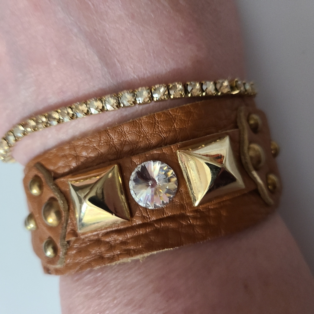 Vtg Leather Studded Bracelet Rivoli Glass Crystal Genuine Super Soft Brown Leath